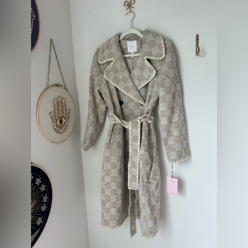 Beige cream Checkered Wool blend trench Coat